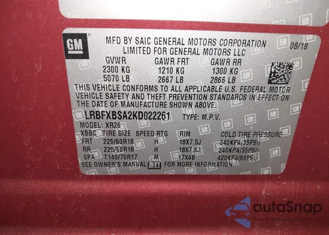 2019 Buick Envision Fwd Preferred из США, поврежденный, VIN LRBFXBSA2KD022261